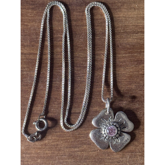 Pandora Sterling Silver Flower With Pink CZ Stone And 925 Necklace 18”, 5.4g
