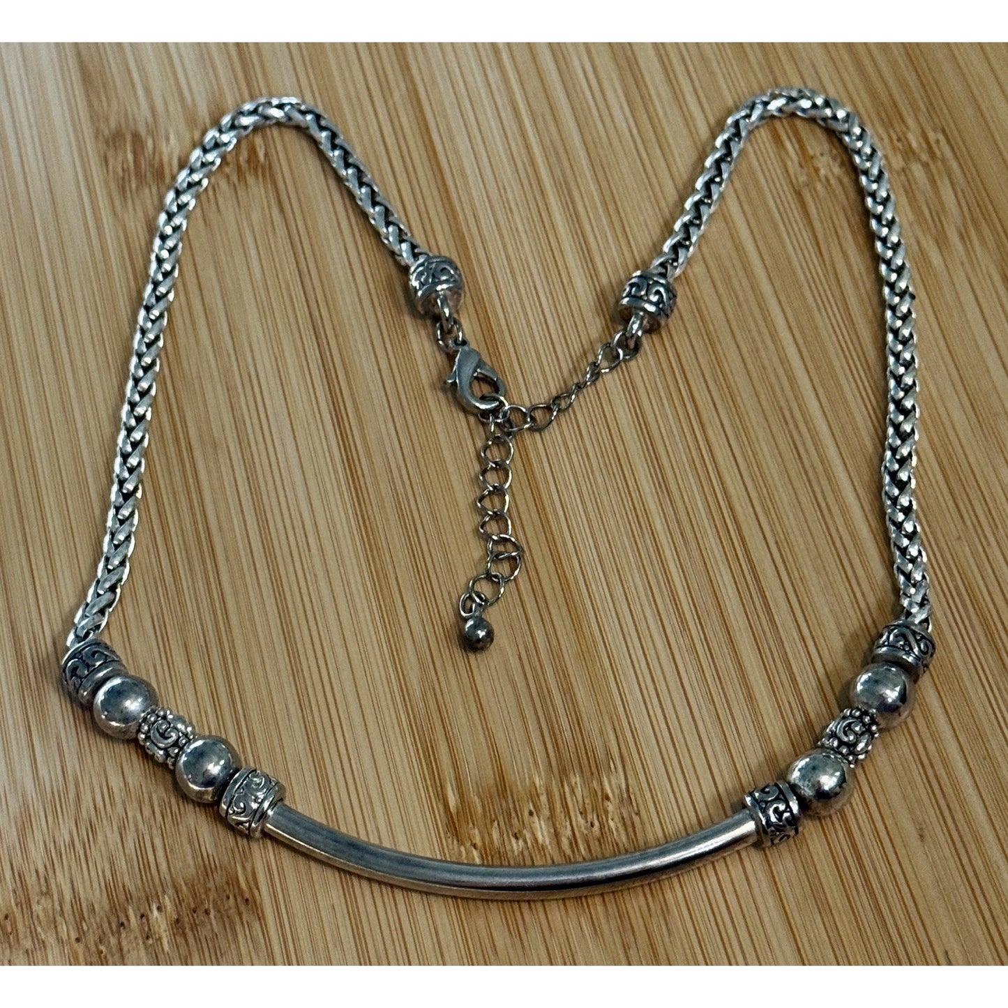Vintage Brighton Silver Plated Curved Bar Bead Woven Chain Necklace 21” Adjustab
