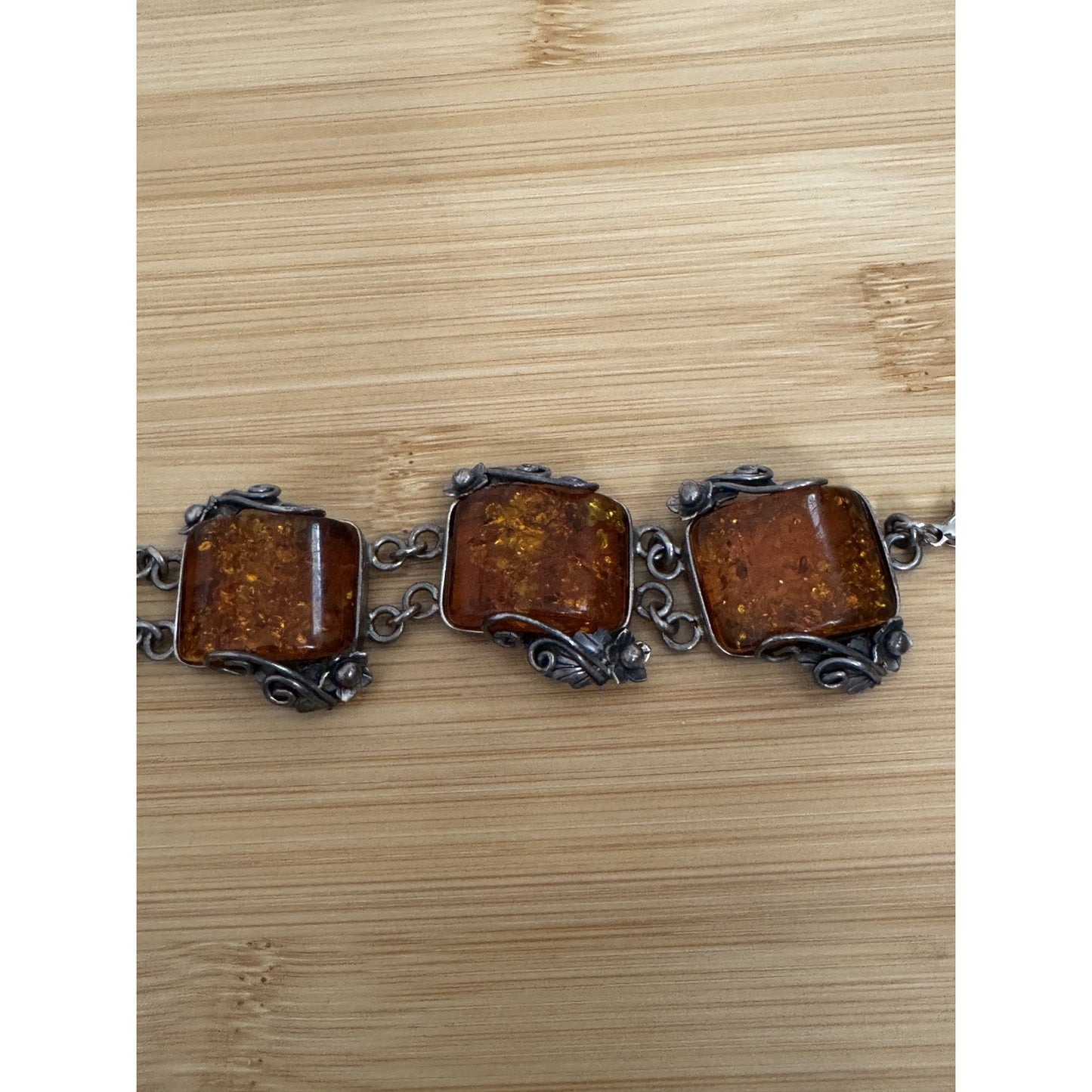 Vintage Baltic Amber Panel Bracelet Sterling Silver Art Nouveau 7 3/4” 51 Grams