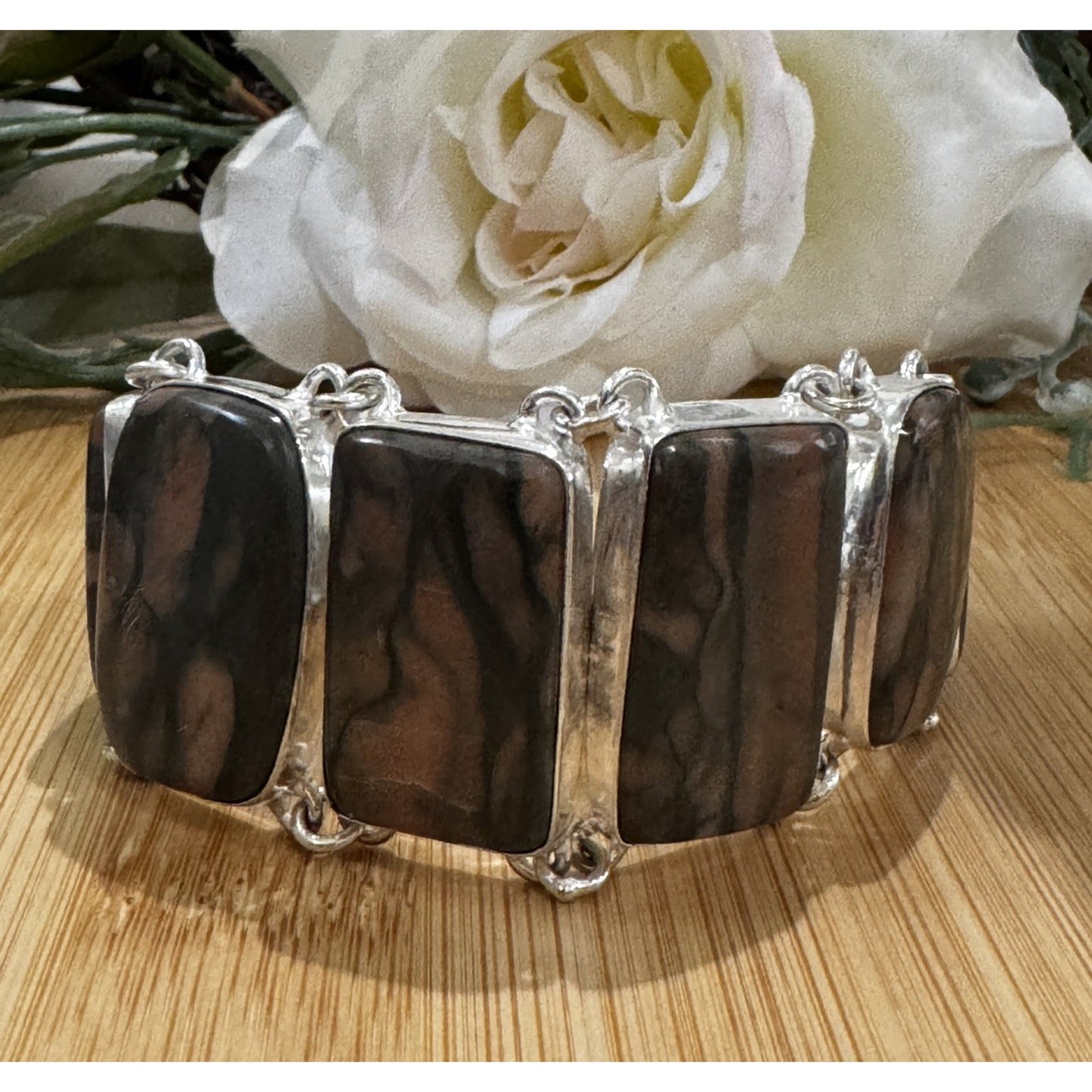 Vintage Sterling Silver Peanut Wood Jasper Bracelet 58g 7 - 8” Large Stone 925