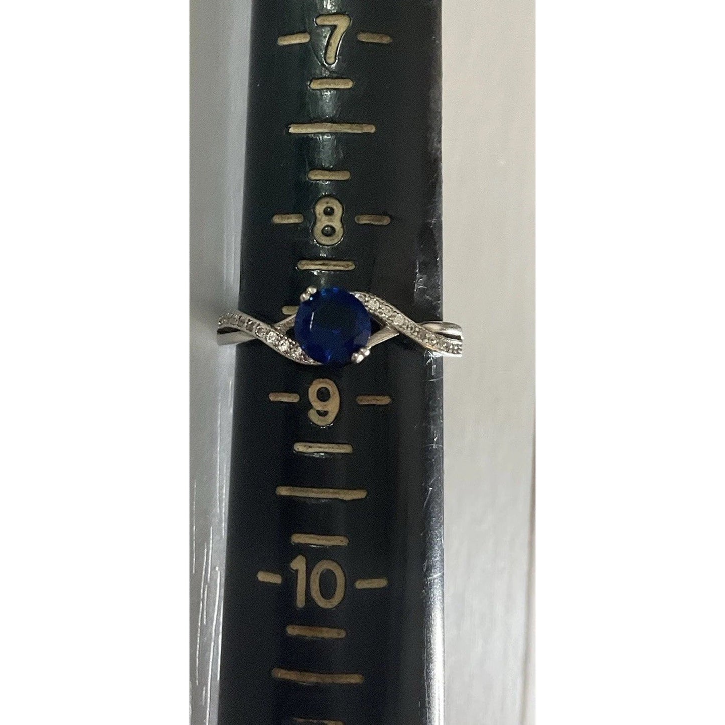 Sterling Silver Blue Sapphire Ring Size 8.5 Round Solitaire Halo Twist