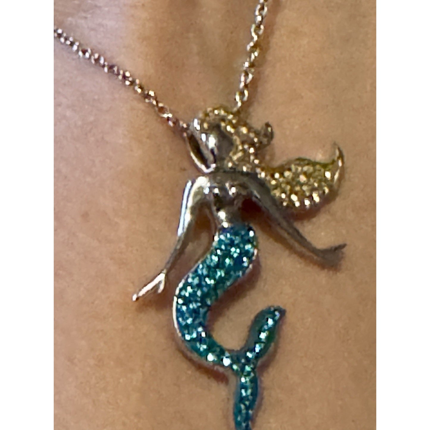 Sterling Silver Mermaid Pendant Blue & Gold Crystal Tail With 21” Necklace 925