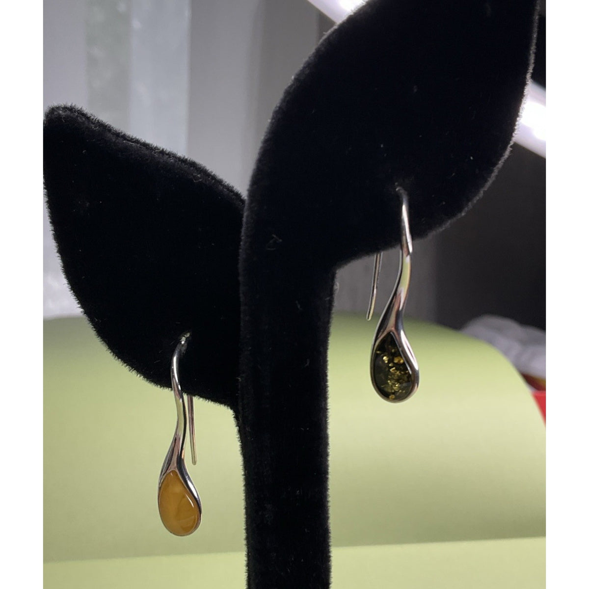 Sterling Silver Amber Yellow Cabochon Dangle Earrings Long Drop 4g