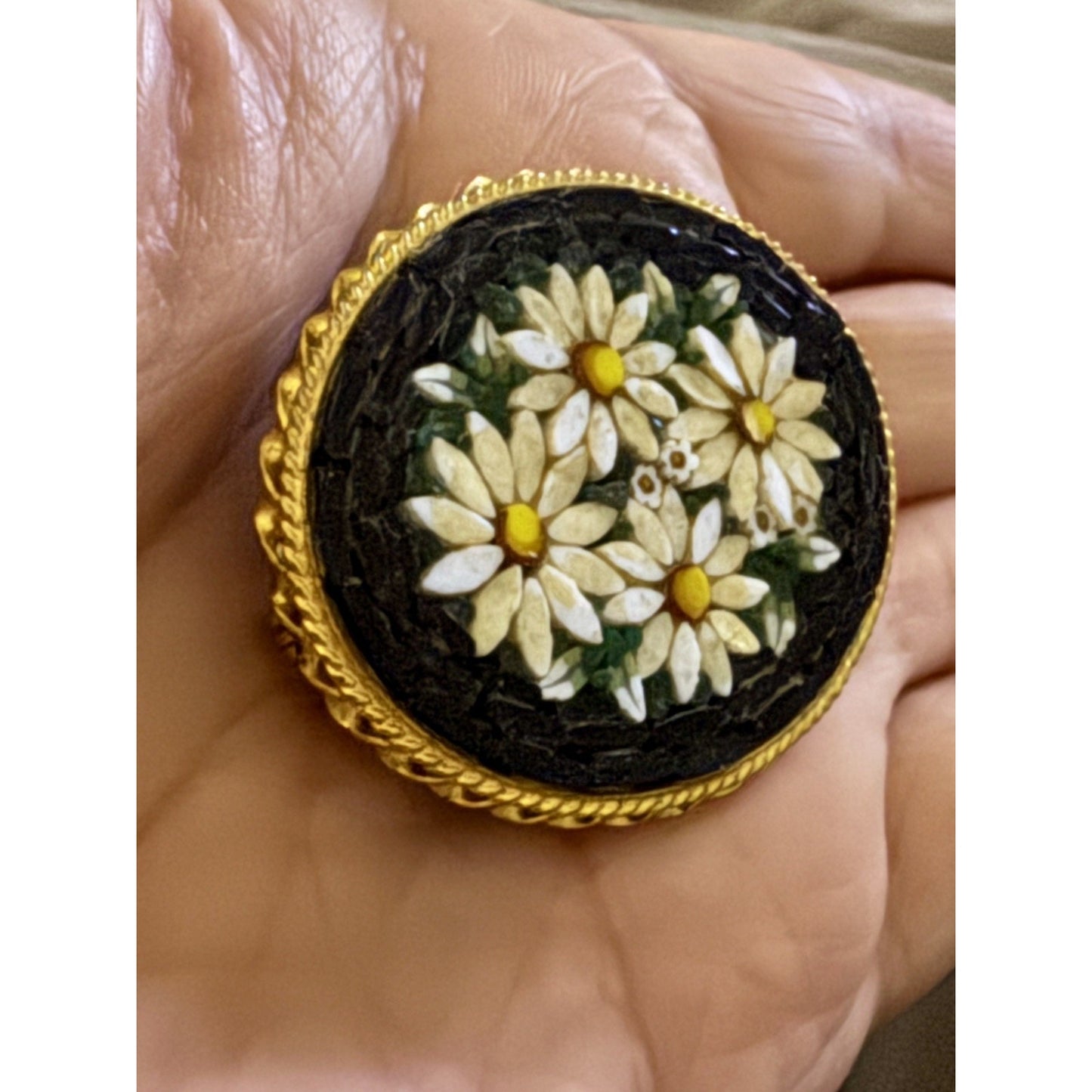 Vintage Italian Micro Mosaic Daisy Floral Black Mid Century Brooch Made In Italy