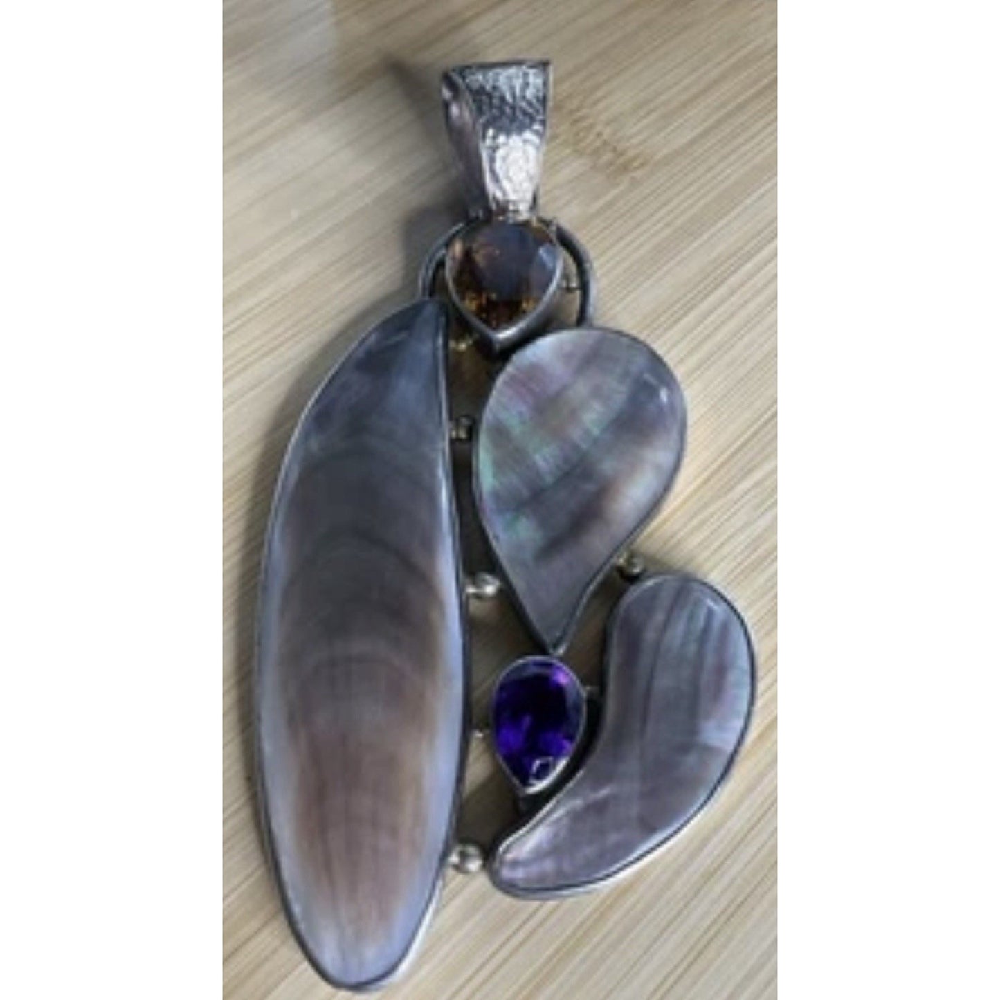 Large Artisan Mother of Pearl Amethyst Citrine Statement Pendant 55g 5” X 2.5”