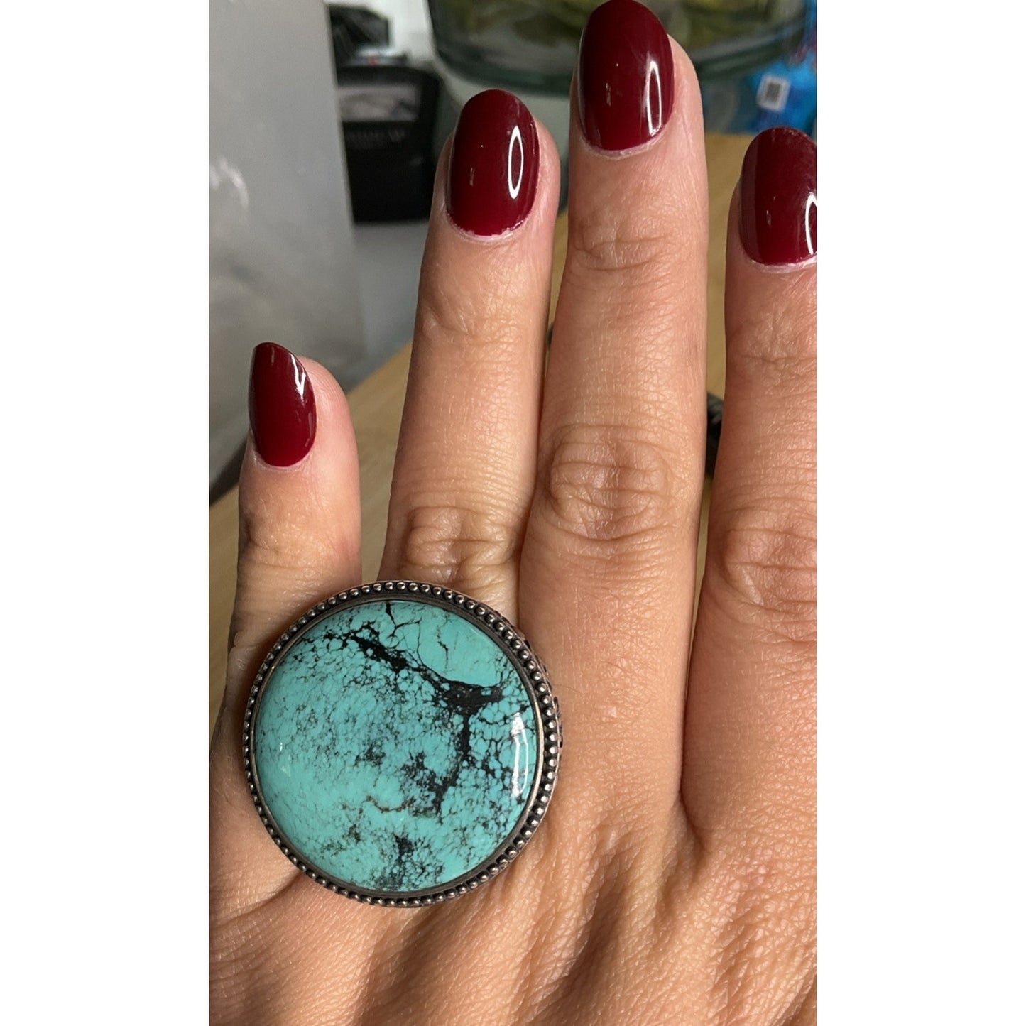 Large Sterling Silver Bold Turquoise Statement Ring Filigree Wide Band Size 8