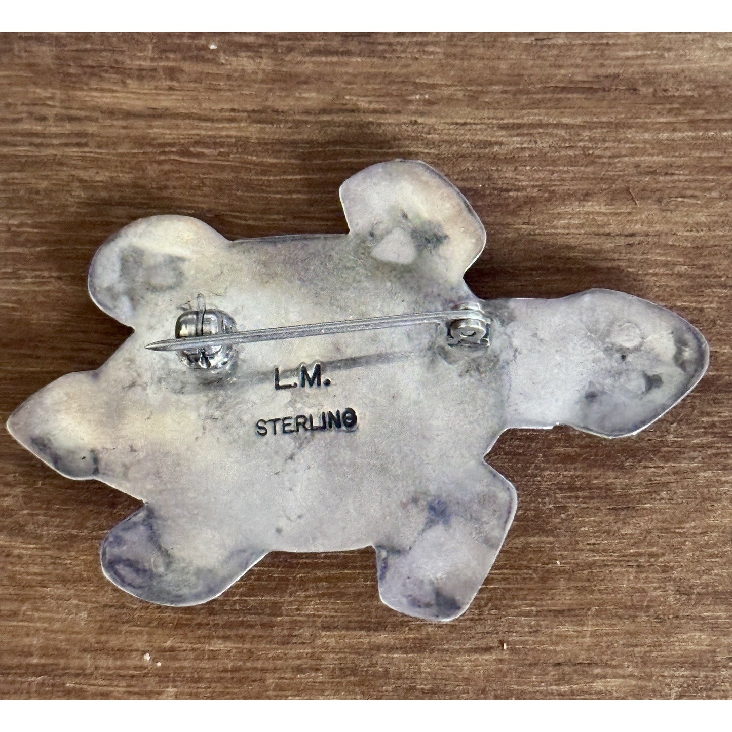 Vintage Navajo Sterling Silver Turtle Pin Turquoise Signed L.M. Lena Manygoats