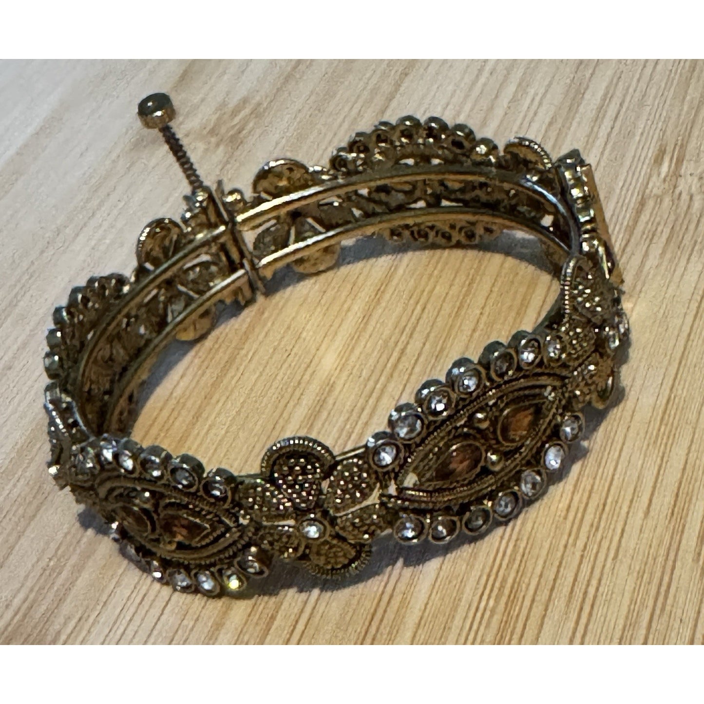 Vintage Etruscan Revival Filigree Rhinestone Amber Glass Bracelet