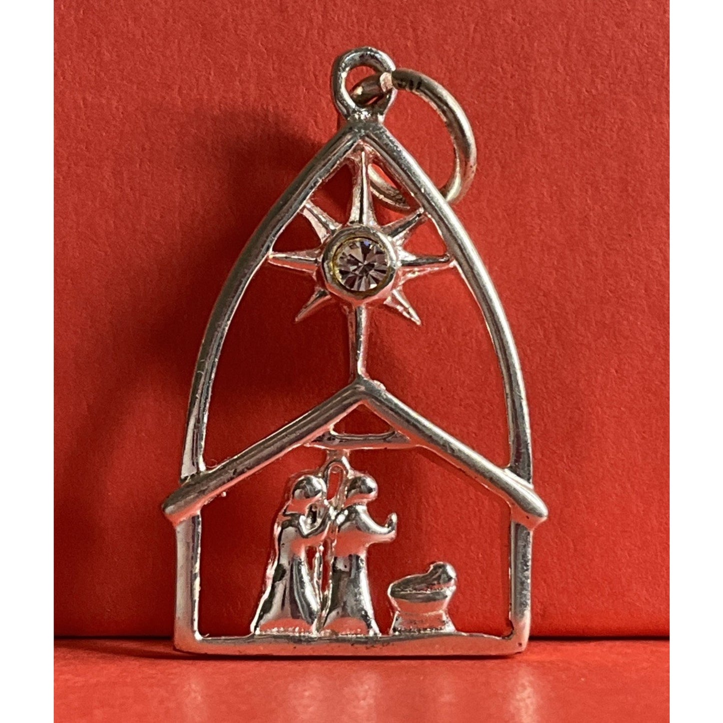 Sterling Silver Nativity Charm CZ Christmas Manger Pendant Vintage