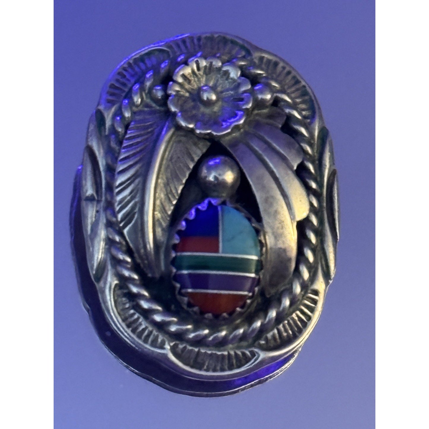 Vintage Sterling Silver Zuni Style Multi Stone Inlay Concho Pendant Charm