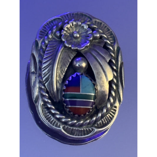 Vintage Sterling Silver Zuni Style Multi Stone Inlay Concho Pendant Charm