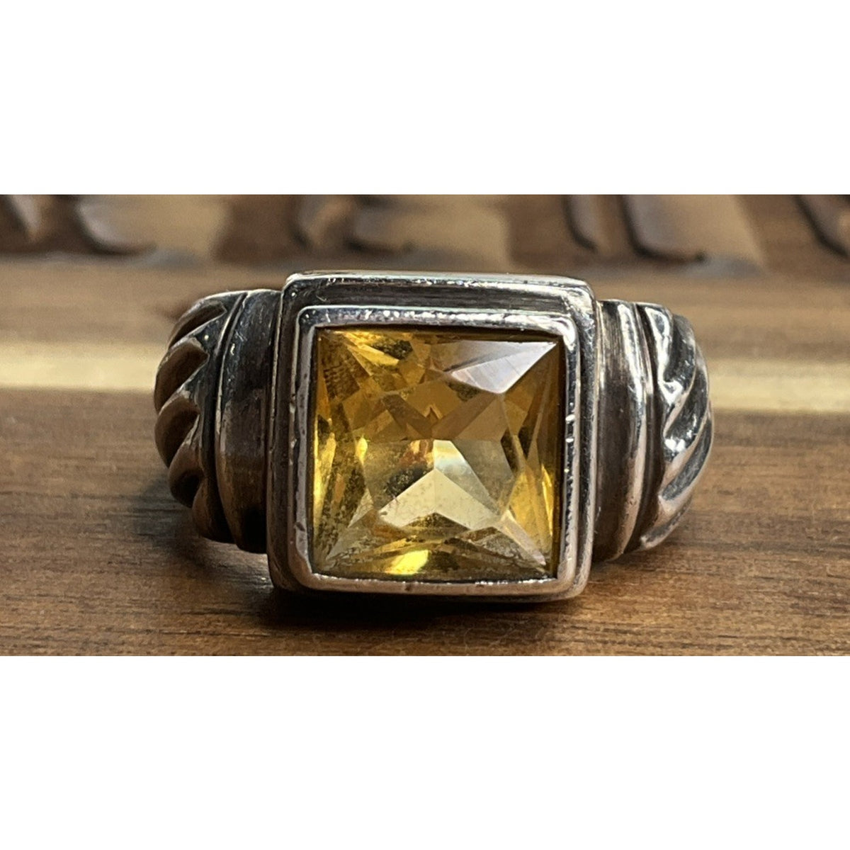 Vintage 925 Citrine Faceted Gemstone Ring Sterling Silver Bezel Setting Size 6