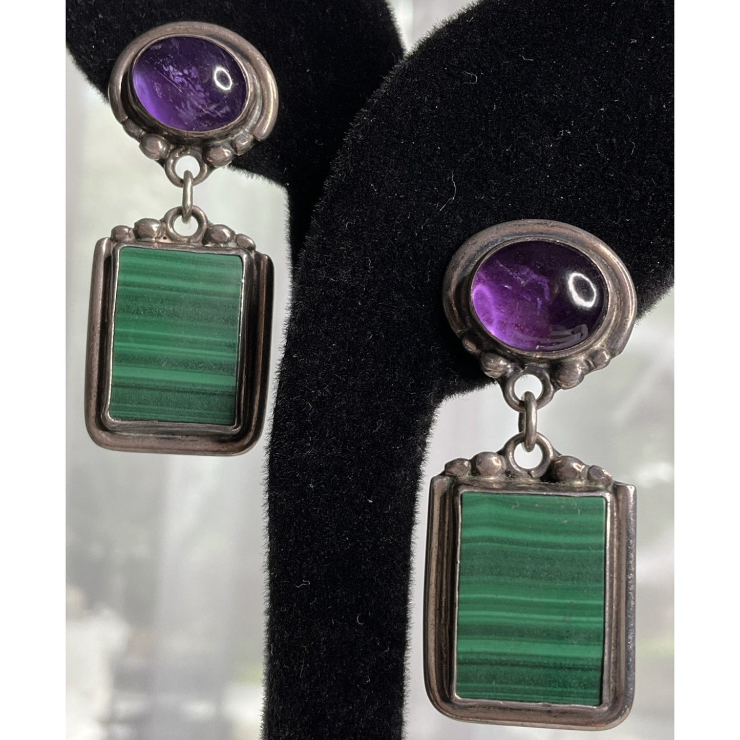Vintage Roie Jaque Navajo Native American 925 Sterling Malachite Dangle Earrings