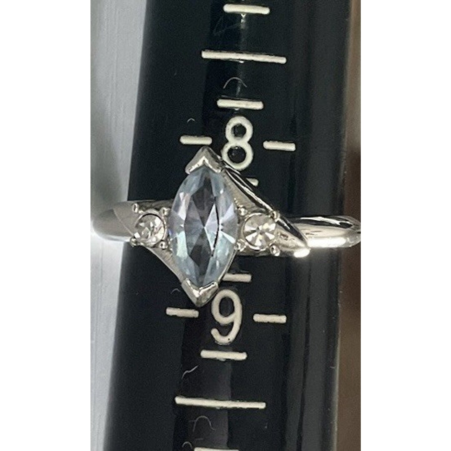 Vintage Sterling Silver 925 Blue Topaz Marquise Ring w CZ Accents Size 8.5