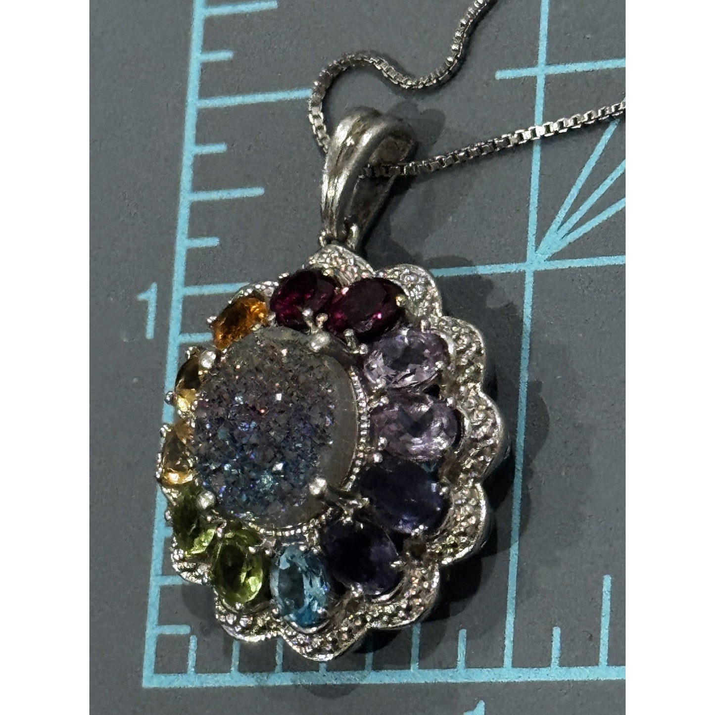 Vintage Victorian 925 Sterling Rainbow Gemstone Druzy Pendant Necklace 18”