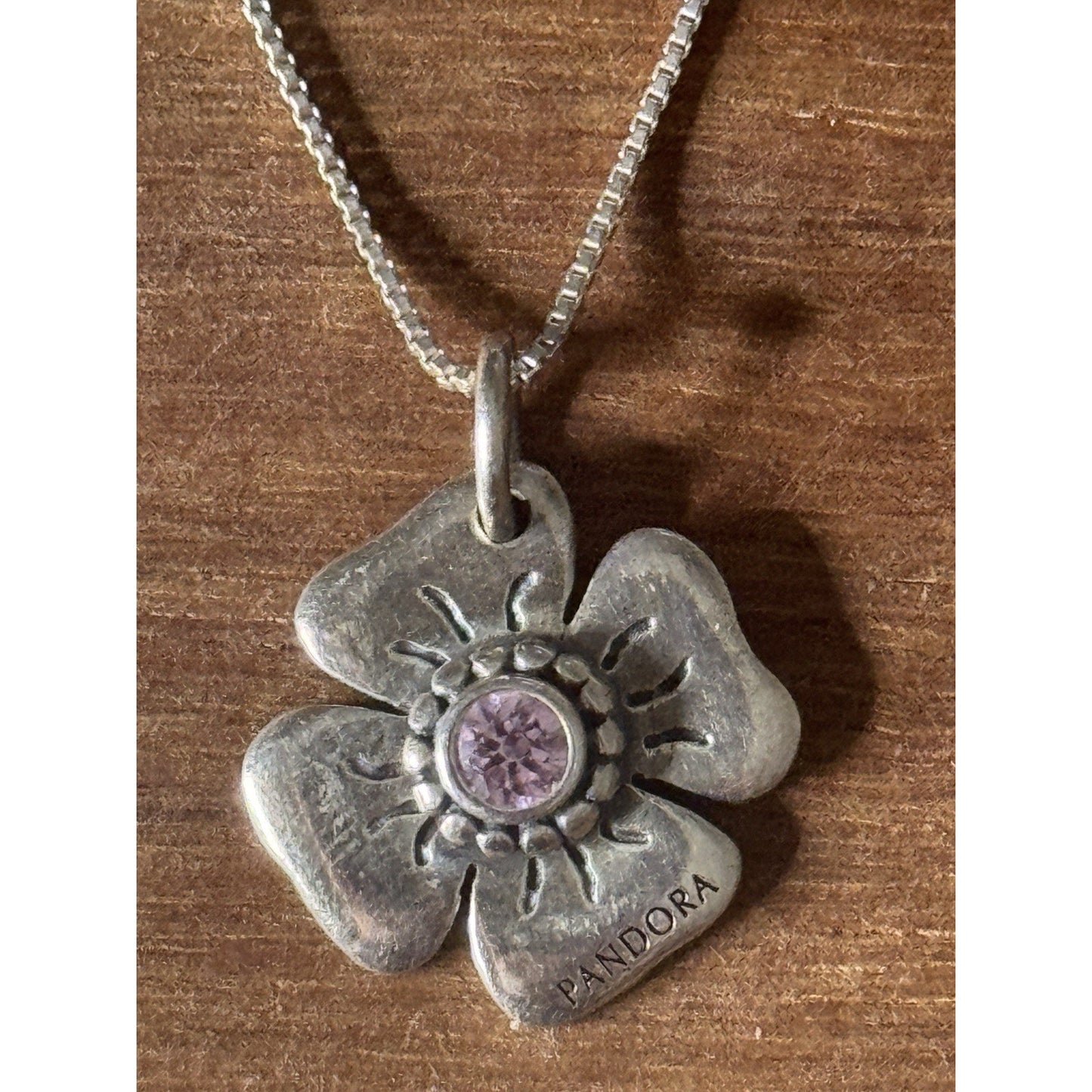 Pandora Sterling Silver Flower With Pink CZ Stone And 925 Necklace 18”, 5.4g