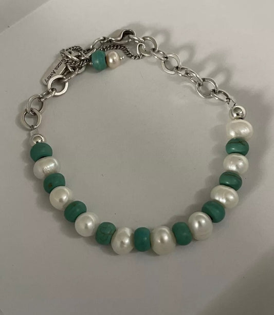 Modified Split James Avery Silver Charm Bracelet w/ Genuine Pearls and Turquoise