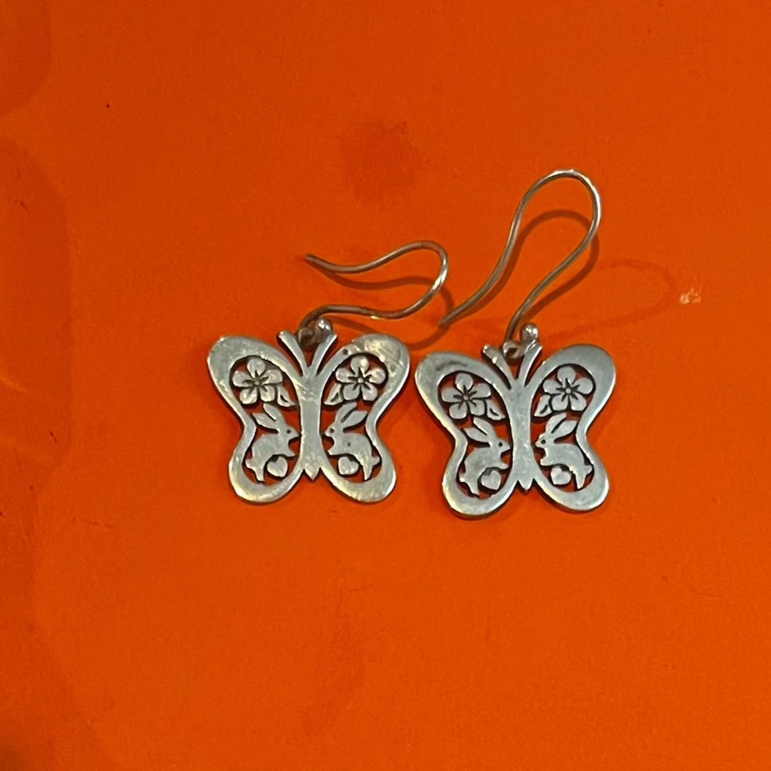 Pre-Owned James Avery Retired Sterling Silver Butterfly W/ Flower & Bunny Hook On/Dangle Earrings