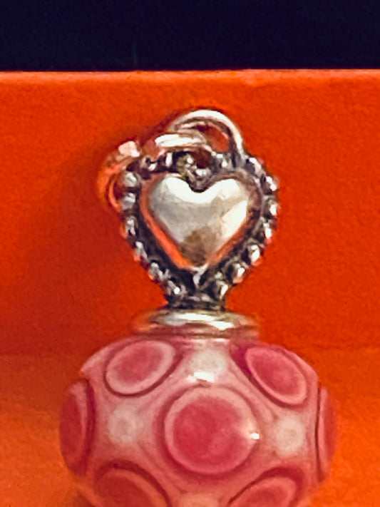 Pre-Owned James Avery Retired Silver Heart Pink and White Glass Art Bead Charm