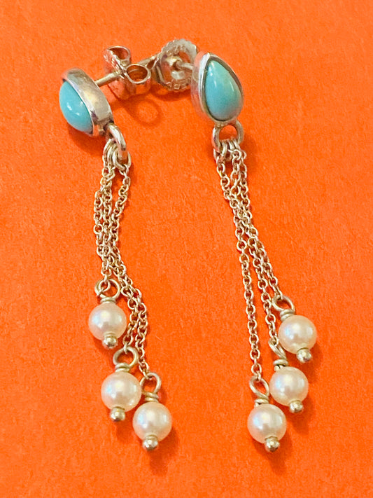 Pre Owned James Avery Retired Santorini Silver Turquoise and Pearl Dangle Earrings