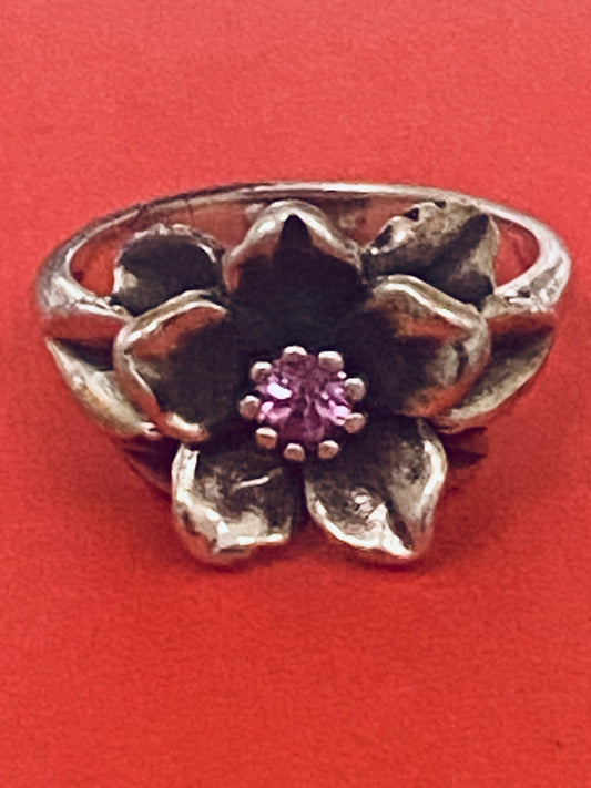 Pre-Owned James Avery Retired & HTF Silver CHRISTMAS ROSE Ring with Pink Stone Size 7